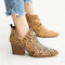 Plus Size Women Pointed Toe Serpentine Chunky Heel Short Boots - Leopard