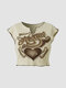 Heart Letters Graphic Slit Sleeve Notch Neck Crop Top - Khaki