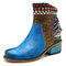 SOCOFY Cowgirl Retro Weave Genuine Splicing Leather Pattern Adjustable Comfortable Boots - Blue