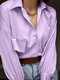 Solid Puff Sleeves Drop Shoulder Lapel Button Down Shirt - Purple