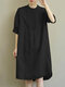 Solid Ruched Split Half Sleeve Casual Midi Dress - Black