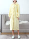 Women Flannel Solid Lapel Front Button Long Sleeve Thicken Warm Robes With Pockets - Yellow