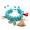 Bohemian Natural Turquoise Beads Bracelets Shell Leaf Tree of Life Charms Beaded Tassel Bracelets - Turquoise