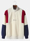 Mens Corduroy Colorblock Patchwork Letter Embroidered Zipper Pullover Sweatshirts - White