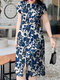 Women Floral Print Button Design Split Hem Short Sleeve Dress - Blue