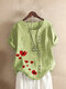 O-neck Flowers Print Button Plus Size Casual T-shirt - Light Green