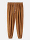 Mens Corduroy Solid Color Drawstring Mid Waist Elastic Cuff Jogger Pants - Brown