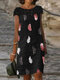 Women Lace Patchwork Feather Print Cap Sleeve Dress - Black