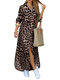 Botón de solapa con estampado de leopardo Plus Tamaño Vestido con bolsillos - Caqui