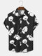قمصان رجالية أحادية اللون مطبوعة بالزهور طية صدر السترة اليومية بأكمام قصيرة - أسود