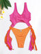Women Contrast Color Patchwork Tassel Wireless Cut Out Beach Swimwear One Piece - Rose Red