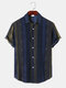 Mens Colorful Striped Button Front Casual Short Sleeve Shirts - Navy