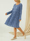 Wrinkle Polka Dot A-line Long Sleeve Plus Size Casual Dress  - Blue