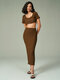 Solid Folds Button Elastic Waist Crop Top Skirt Two Pieces Suit - Brown
