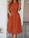 Women Solid Double Pocket Casual Short Sleeve Dress - Orange