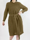 Casual Solid Color Button Long Sleeve Cotton Midi Dress With Belt - Khaki