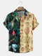 Mens Tropical Leave Print Patchwork Tribal Pattern Short Sleeve Holiday Shirt - Green