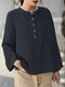 Solid Long Sleeve Button Front Crew Neck Blouse - Blue