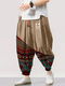 Pantalon ample à taille avec cordon de serrage pour hommes, imprimé ethnique géométrique souriant, patchwork - Kaki
