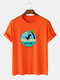 Mens 100% Cotton Cartoon Dinosaur Graphic Print Breathable Thin Casual T-Shirt - Orange