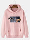 Mens Machine Hand Graphic Print Cotton Casual Drawstring Pullover Hoodie - Pink