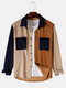 Mens Corduroy Contrast Patchwork Lapel Button Up Casual Long Sleeve Shirts - Brown