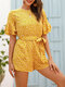 Floral Print Ruffle Short Sleeve Knotted Waistband Back Button Romper - Yellow