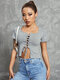 Solid Lace Up Crew Neck Short Sleeve Crop Top - Gray