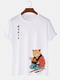Camisetas de manga corta para hombre estilo japonés Warrior Gato Print Crew Cuello - Blanco