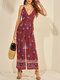 Ethnic Floral Print V-neck Long Sleeveless Casual Strap Jumpsuit - Red