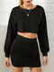 Solid Color Long Sleeve T-shirt Short Pocket Skirt Casual Set for Women - Black
