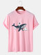 Mens Astronaut Whale Print Crew Neck Short Sleeve Cotton T-Shirts - Pink