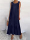 Casual Solid Color Ruffled Hem O-neck Pleated Long Maxi Tiered Dress - Navy