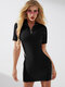 Contrast Color Zip Front Short Sleeve Lapel Mini Dress - Black