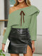 Solid Color Bowknot Long Sleeve One Shoulder Blouse For Women - Green