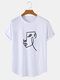Mens Face Line Pattern Crew Neck Casual Curved Hem T-Shirt - White