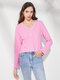 Solid Button Long Sleeve V-neck Casual T-shirt For Women - Pink