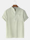 Men Cotton Bubble Pit Striped Chest Pocket Stand Collar Casual Henry shirt - Green