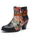 Socofy Leather Delicate Floral Patchwork Warm Lining Side Zip Short Calf Heel Boots - Denim Blue