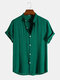 Mens Cotton Linen Stand Collar Plain Basics Short Sleeve Shirts - Green