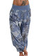 Floral Print Patchwork Elastic Waist Casual Harem Pants For Women - Blue