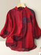 Plaid Button Stand Collar Casual Blouse - Red