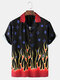 Mens Flame Print Revere Collar Loose Casual Short Sleeve Shirts - Red