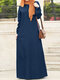 Damen Solid Halbknopf Langarm Muslim Denim Maxi Kleid - Blau