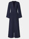 Solid Color Long Sleeve Wide Leg Jumpsuit For Women - Navy