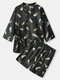 Mens All Over Feather Print Tie Side Kimono Comfy Satin Pajamas Sets - Black
