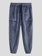 Mens Plain Corduroy Solid Color Big Pockets Ankle Banded Pants - Blue