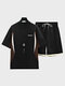 Mens Letter Pattern Patchwork Drawstring Waist Short Sleeve Two Pieces Outfits - Black
