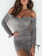 Off-shoulder Solid Color Drawstring Long Sleeve Sexy Dress For Women - Grey