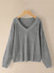 Solid V-neck Knitted Long Sleeve Casual Women Sweater - Gray